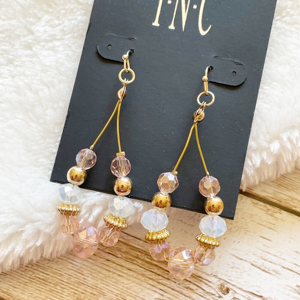 INC Beaded Teardrop Earrings Gold Tone Pink White New